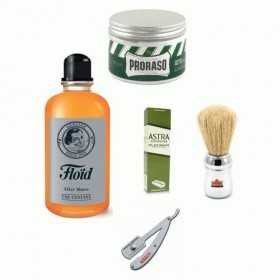KIT RASATURA PROFESSIONALE: PRORASO CREMA PREBARBA, LAME ASTRA, PENNELLO OMEGA, RASOIO DAUNE, FLOID DOPO BARBA 0000000Floid